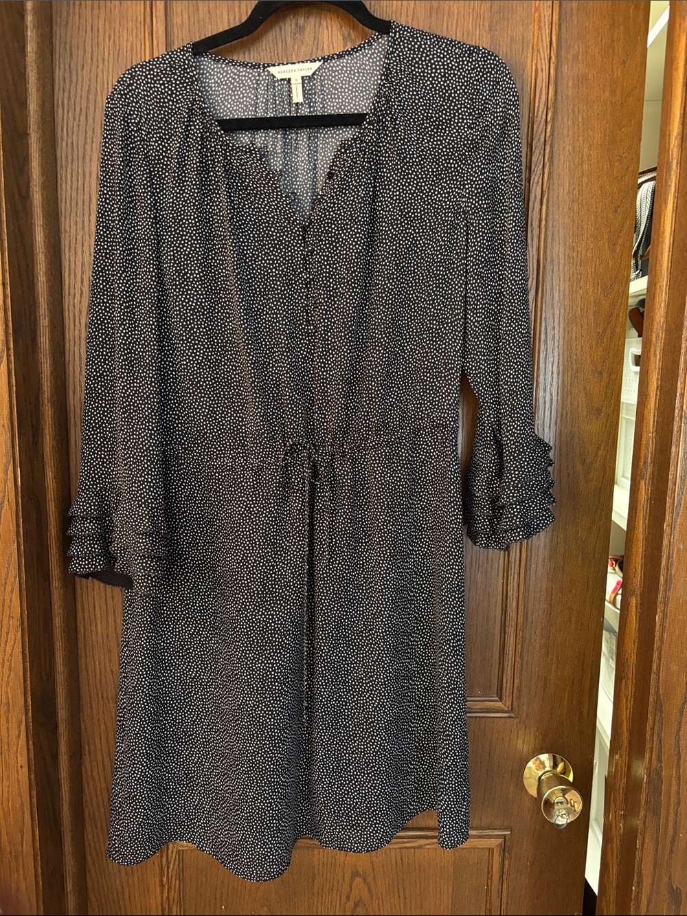 Rebecca Taylor Black Dress with White Dot Print and Drawstring Waist